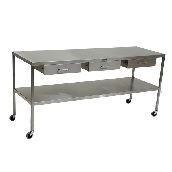 Midcentral Medical SS Instrument Table with Shelf and Drawers under top 24" W x 48" L x 34" H, 2 drawers MCM548